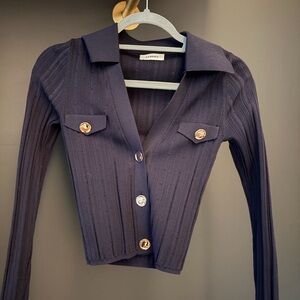 Sandro Women's Dark Blue Ribbed Cardigan with Gold Buttons